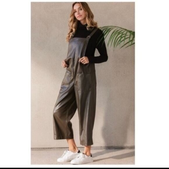 FAUX LEATHER OLIVE WIDE LEG JUMPSUIT-NEW - Picture 2 of 6